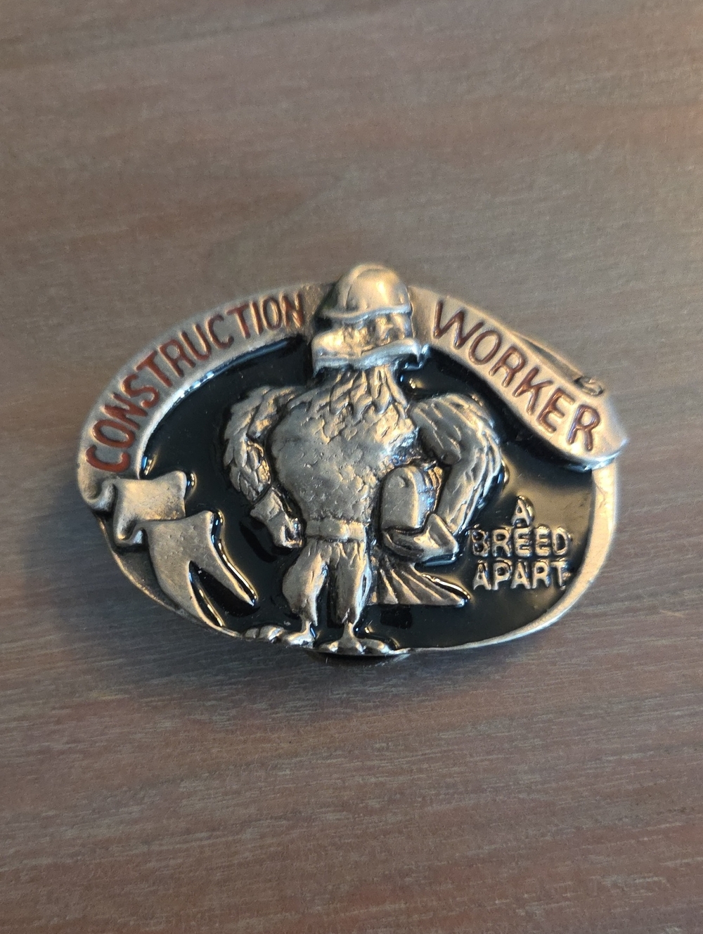 vintage 1988 "Construction Worker - A Breed Apart" pewter and enamel belt buckle